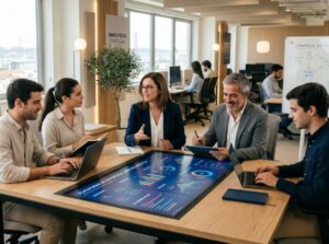 pessoas reunidas numa mesa a trabalhar